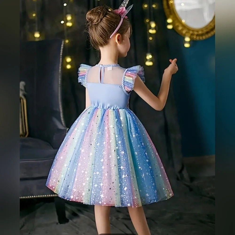 Girls Colorful Ruffled Mesh Dress Light Blue